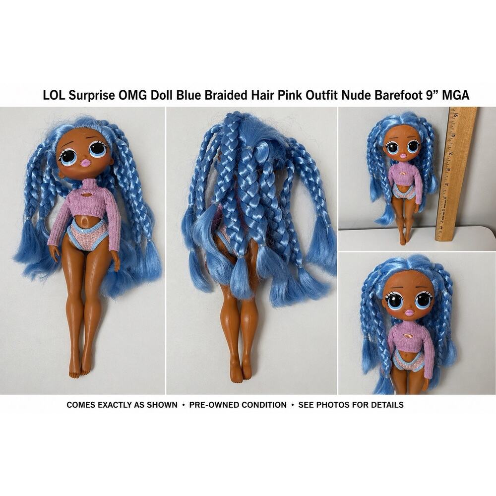 LOL Surprise OMG Doll Blue Braided Hair Pink Outfit Nude Barefoot 9” MGA